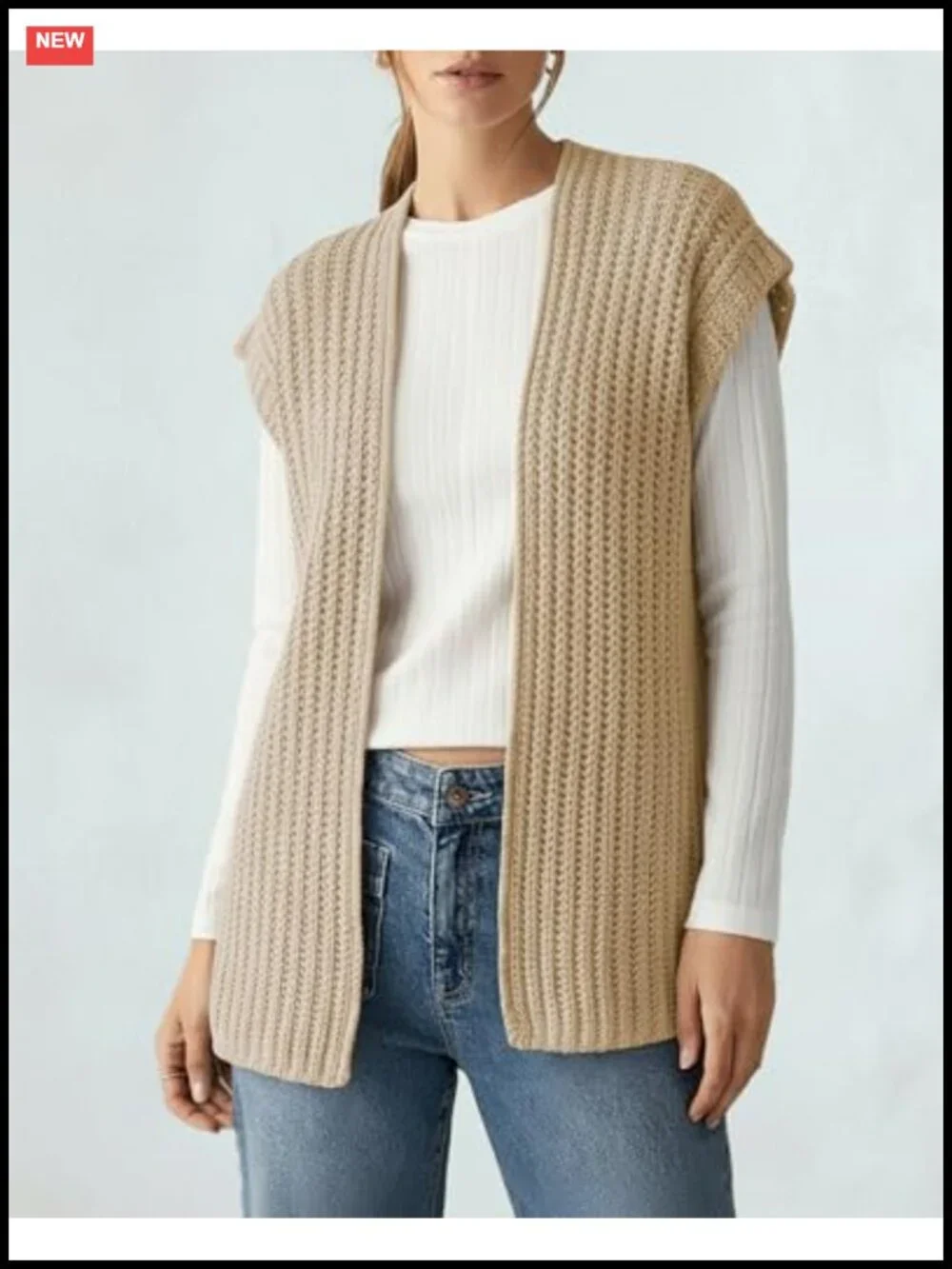 Chunky Knit Crochet Sweater Vest V-Neck Open Front Cap Sleeve Womens Top Apricot